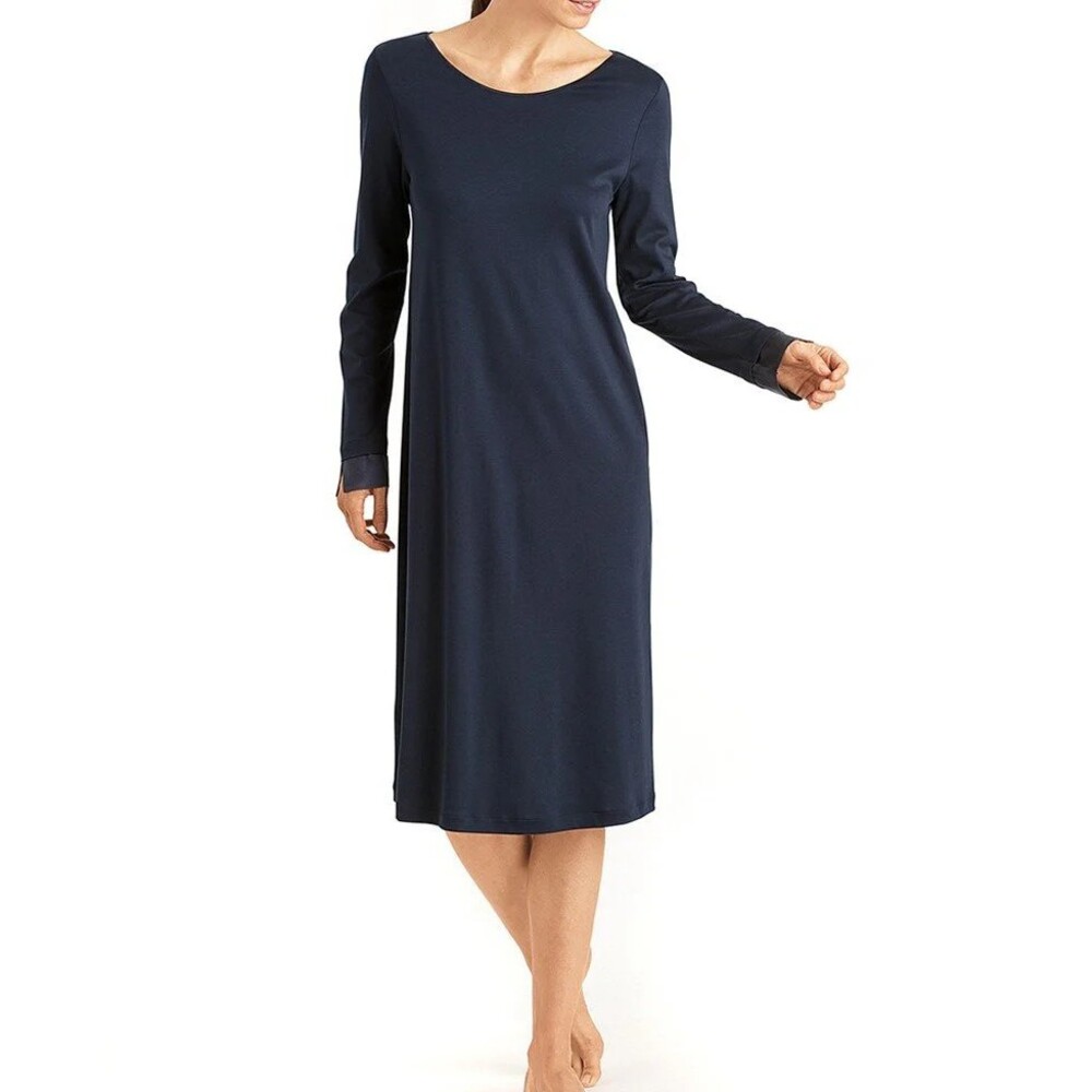 HANRO Lamia Women’s S Navy Long Sleeve Nightdress Cotton Silk Quiet Luxury Sleep